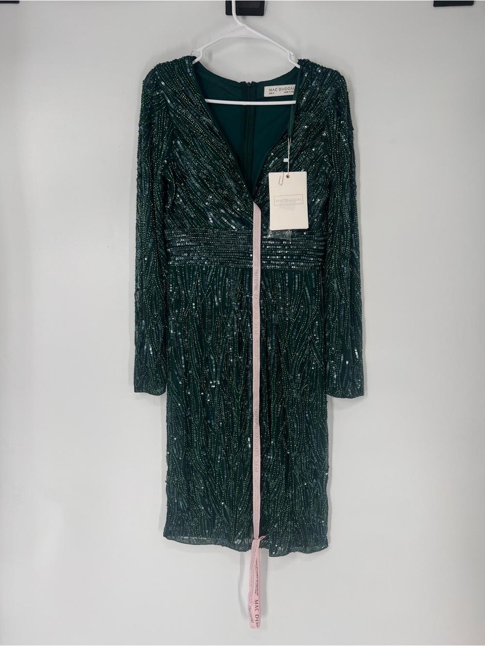 Mac Duggal Emerald Green Beaded V-Neck Long Sleeve Cocktail Mini Dress 2 NWT